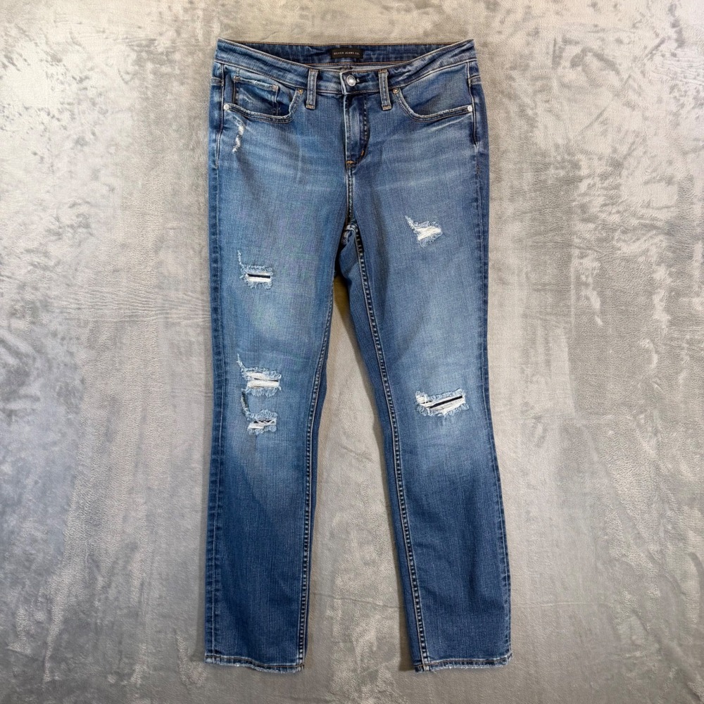 Silver Jeans Beau Straight Leg Jeans Women's Size 27x28 Blue Distressed Denim